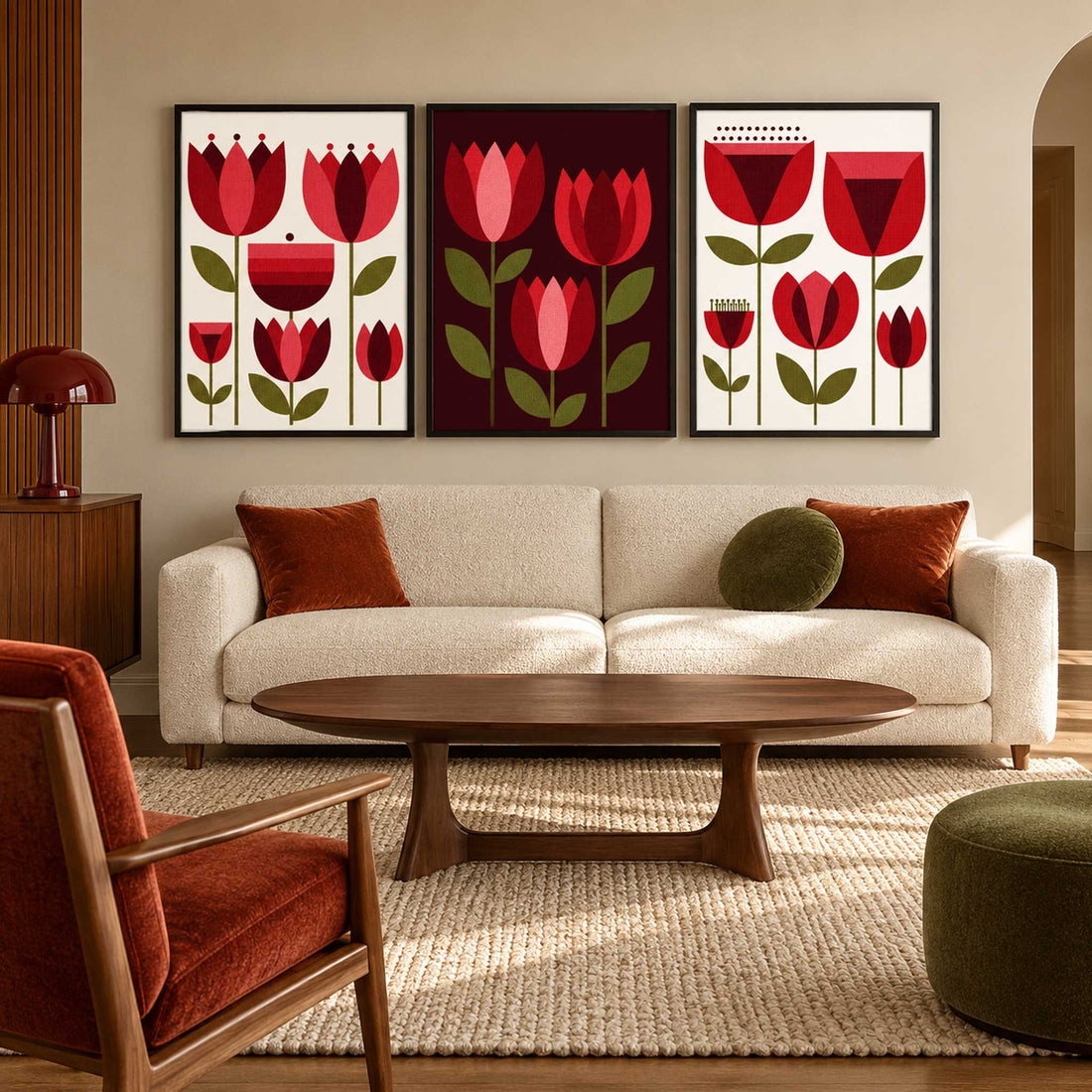Set of three retro tulip wall art prints with geometric red and burgundy flowers and olive green leaves
