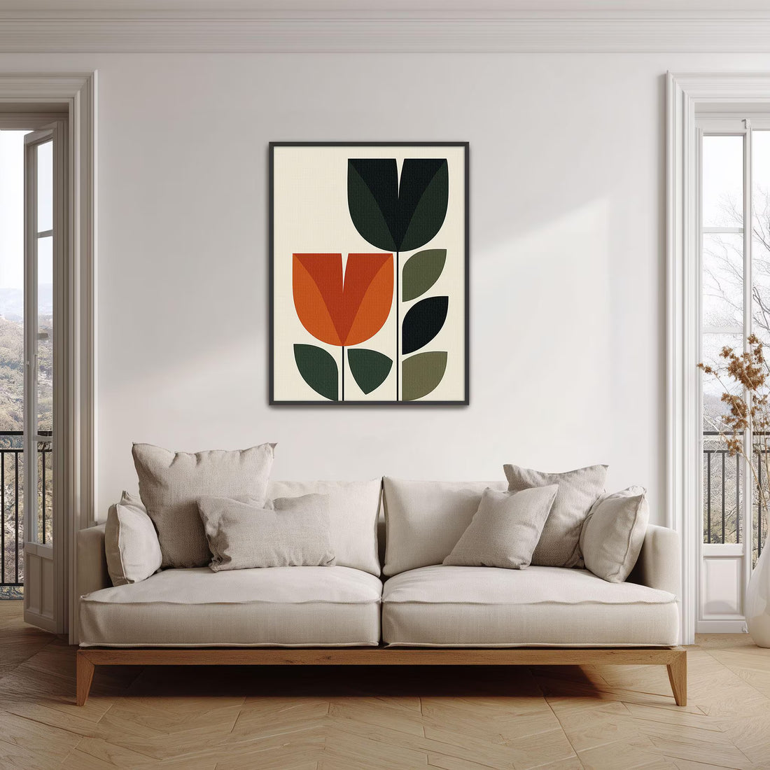  Scandinavian mid century geometric tulip art minimalist modern abstract flower print burnt orange forest green bauhaus retro canvas poster home decor.