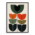  Bauhaus graphic three stem geometric tulip art minimalist mid century modern triple flower shapes burnt orange forest green poster home deco