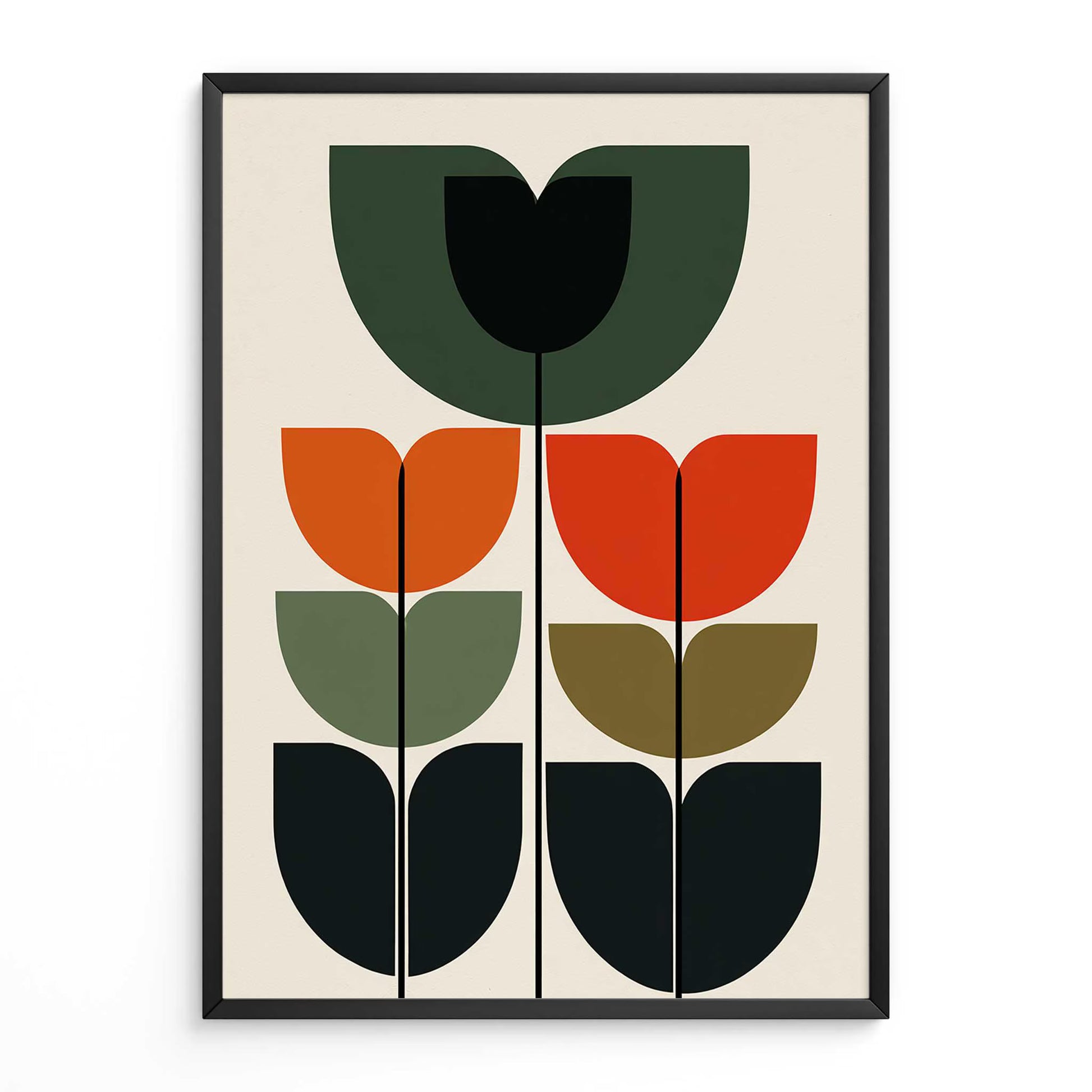  Bauhaus graphic three stem geometric tulip art minimalist mid century modern triple flower shapes burnt orange forest green poster home deco