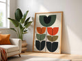  Bauhaus graphic three stem geometric tulip art minimalist mid century modern triple flower shapes burnt orange forest green poster home deco