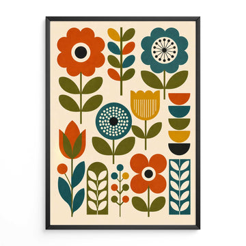 Mid century print floral botanical print orange anf green retro poster