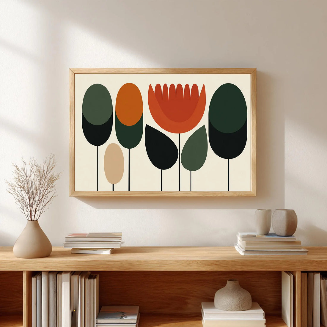 Retro 70s abstract lotus flower graphic wall art minimalist mid century modern pop art poster mustard orange forest green oval trees illustration.