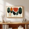 Retro 70s abstract lotus flower graphic wall art minimalist mid century modern pop art poster mustard orange forest green oval trees illustration.