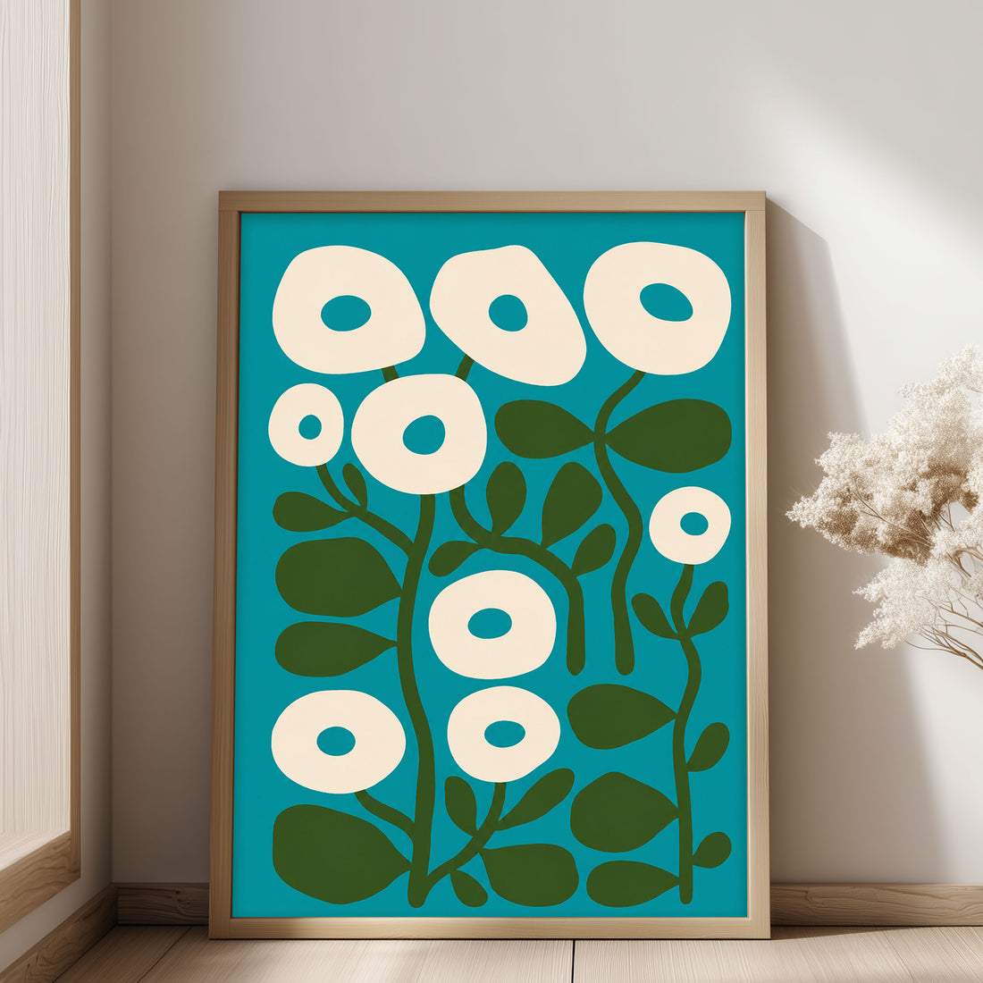 Mid Century Print Teal Floral Art. Available as premium wall art and framed prints.