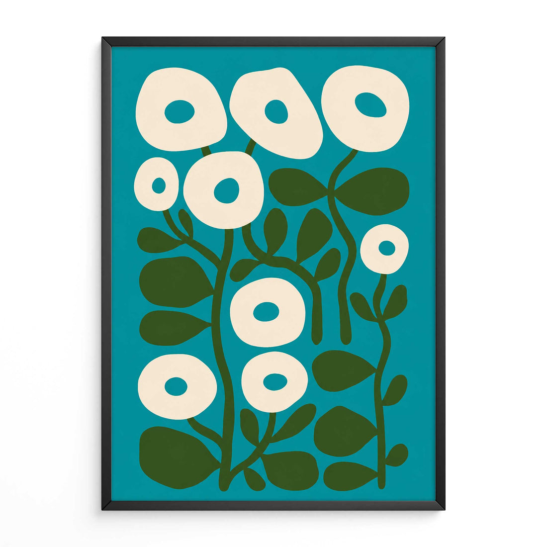 Mid Century Print Teal Floral Art. Available as premium wall art and framed prints.