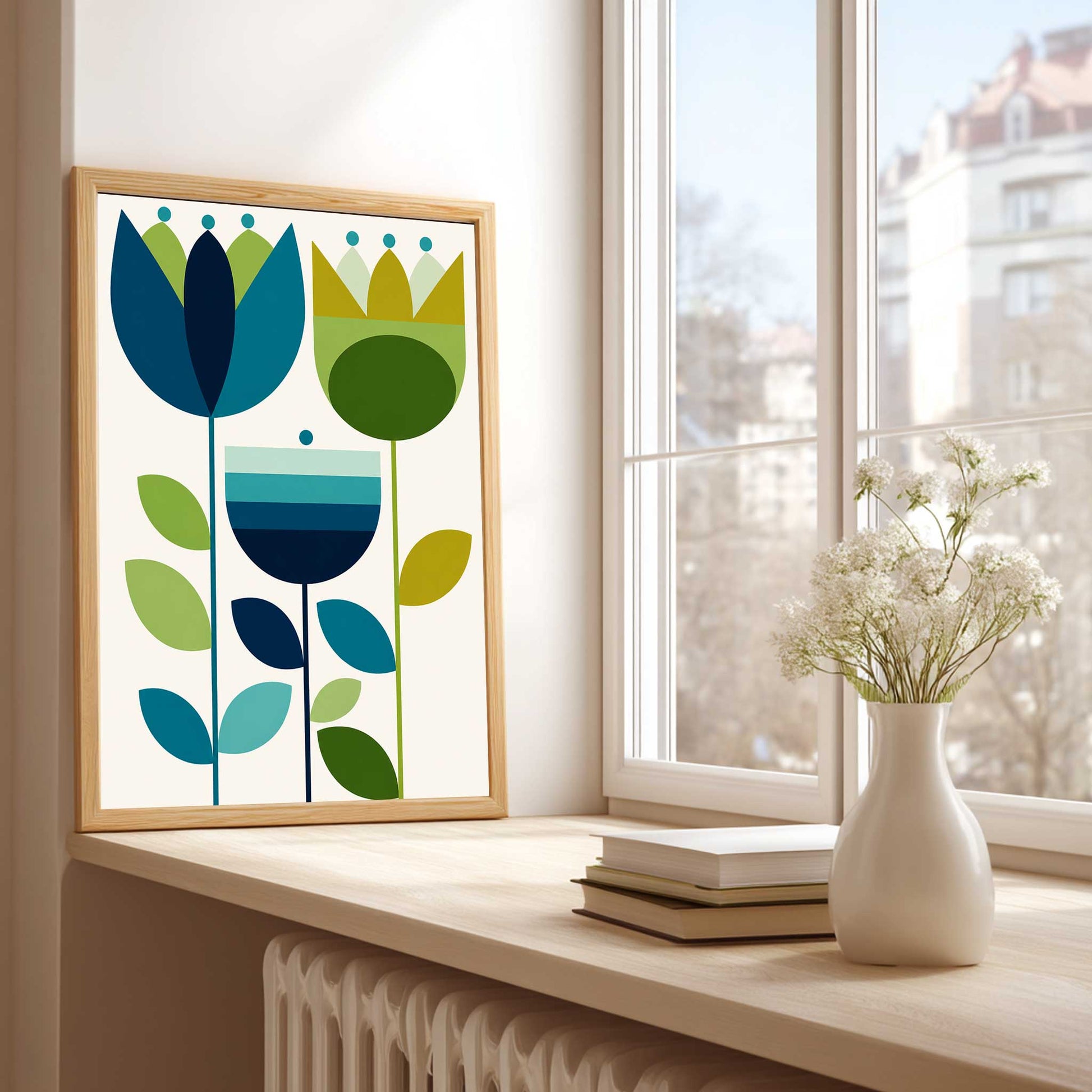 Mid Century Print Teal Tulip Poster. Available as premium wall art and framed print