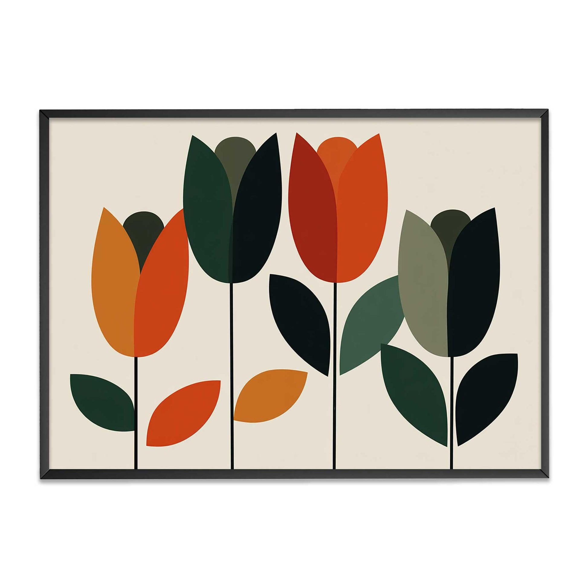  Scandinavian folk art geometric tulips wall art flat design 70s mod graphic illustration olive green burnt orange cream backdrop minimal home styling.