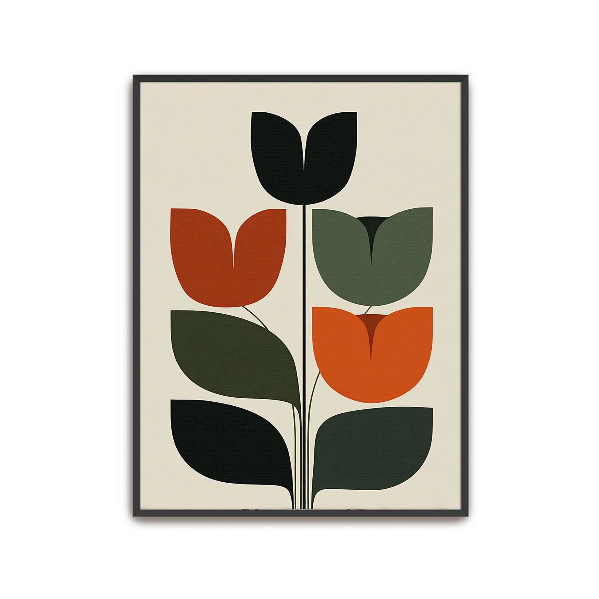 
Retro mid century botanical tulip stem art minimalist abstract geometric flower shapes burnt orange olive green terracotta black graphic leaves cream poster.