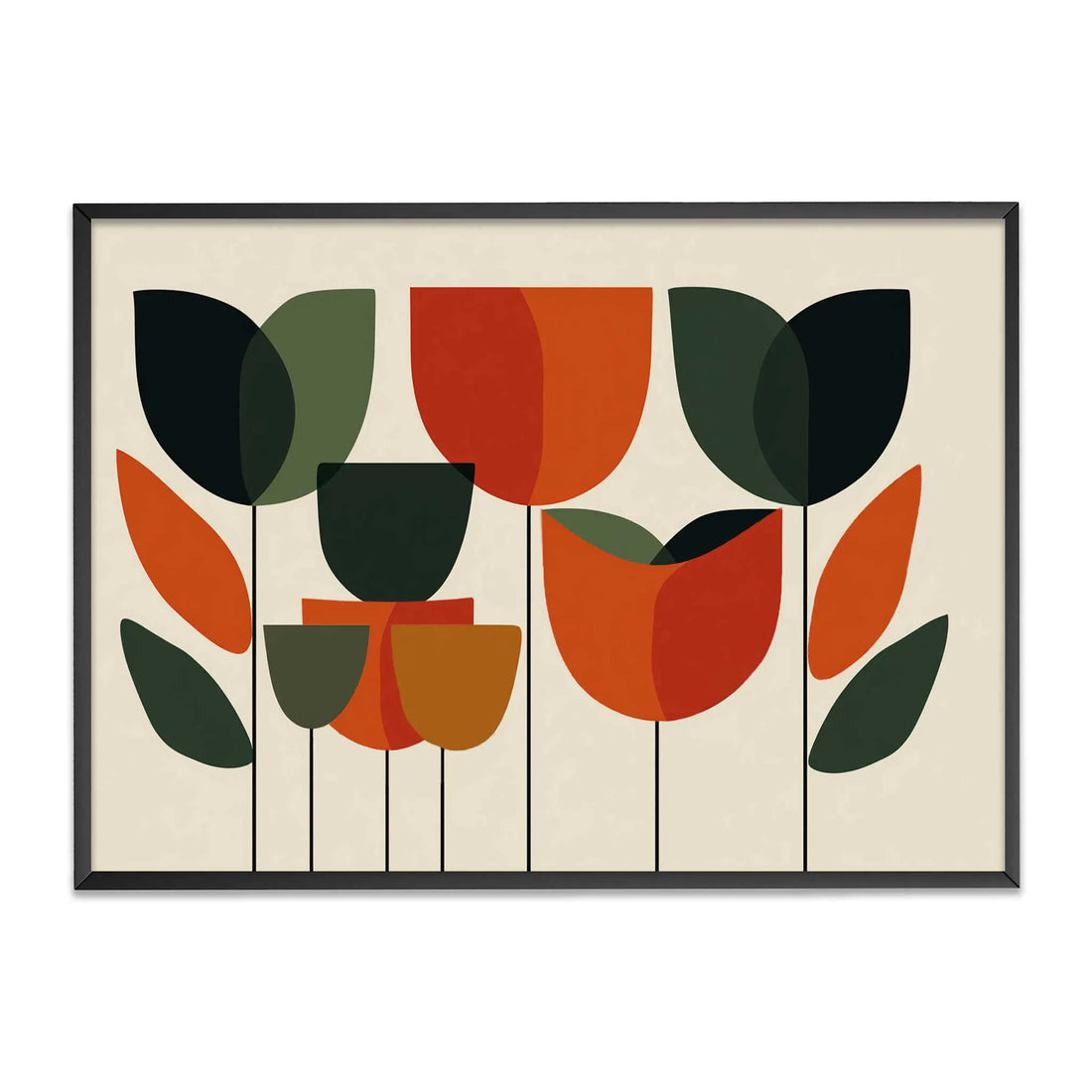  Mid Century Print Bauhaus abstract tulip field graphic wall art minimalist mid century modern geometric flower poster terracotta orange forest green botanical illustration.