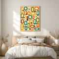 Mid century atomic poster artwork with a retro-style pattern featuring geometric shapes and starburst designs on a beige background.