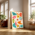 Vintage 1950s atomic age graphic art print featuring an abstract pattern of retro boomerang shapes, kidney beans, starbursts, sparkles, and a central atom symbol with orbits. The design uses teal, orange, pink, yellow, and olive green on a cream background