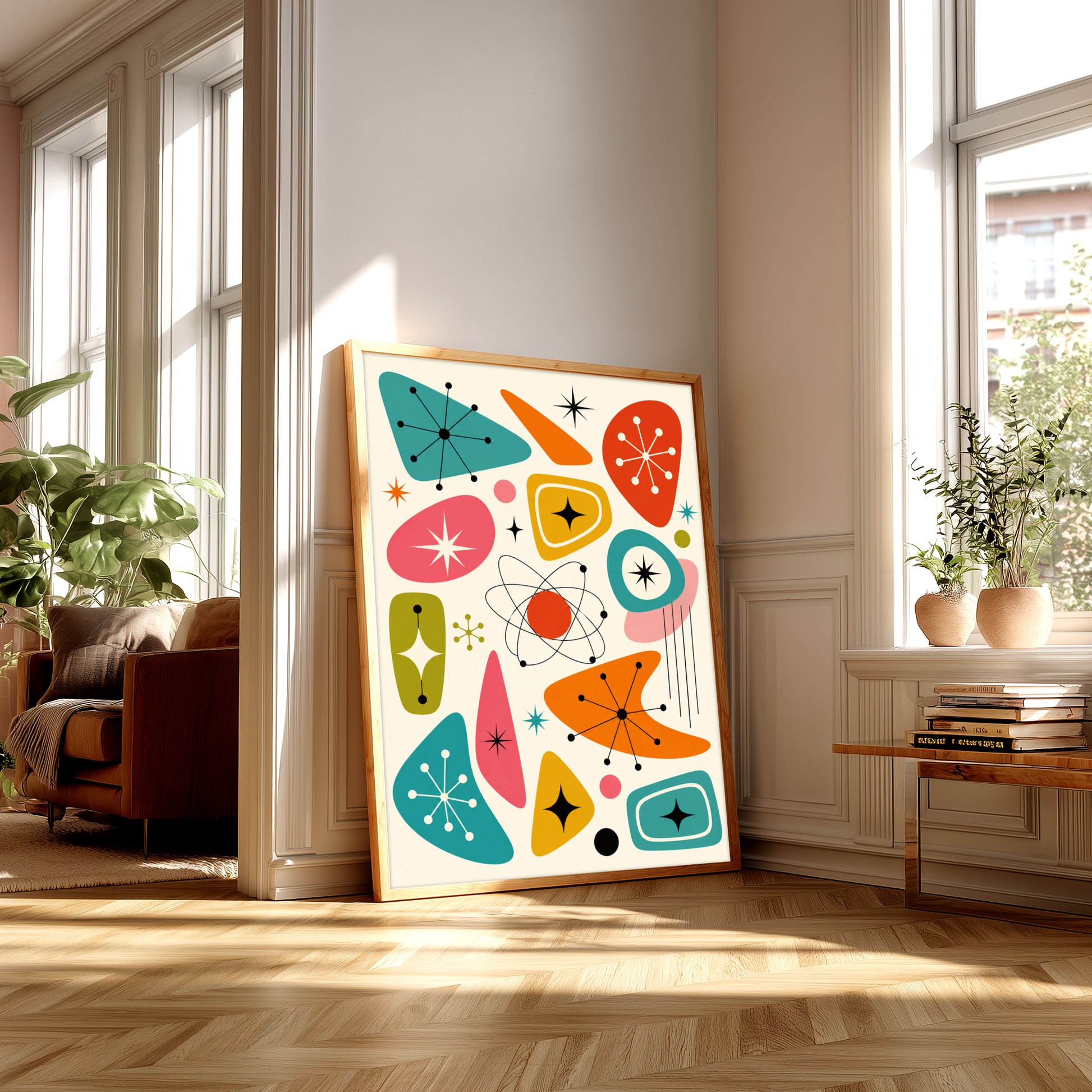 Vintage 1950s atomic age graphic art print featuring an abstract pattern of retro boomerang shapes, kidney beans, starbursts, sparkles, and a central atom symbol with orbits. The design uses teal, orange, pink, yellow, and olive green on a cream background