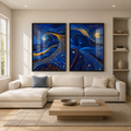 Blue celestial abstract wall art set of 2 with swirling patterns and gold details