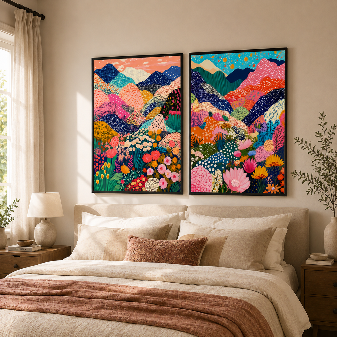 Set of 2 colourful mountain wall art prints with wildflowers, rolling hills and bright botanical landscapes for living rooms and bedrooms.