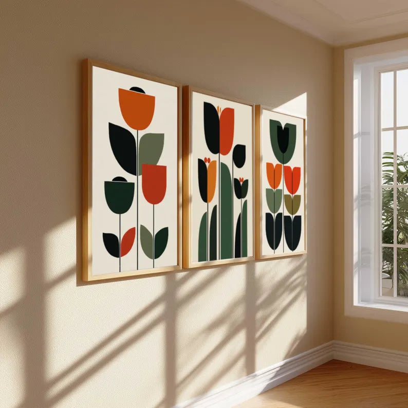Mid Century Print Set of 3 Scandi Flowers