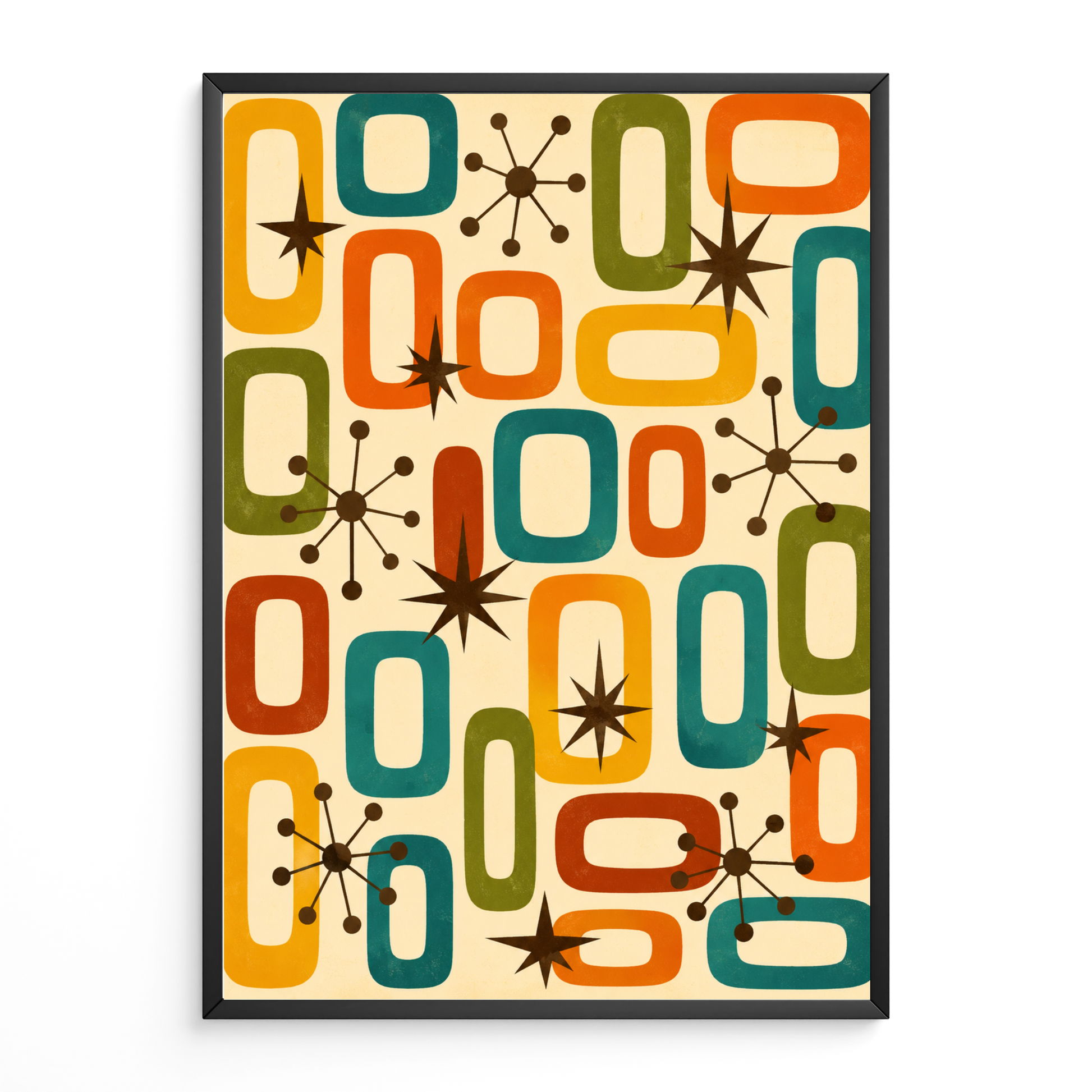 Mid century atomic poster artwork with a retro-style pattern featuring geometric shapes and starburst designs on a beige background.