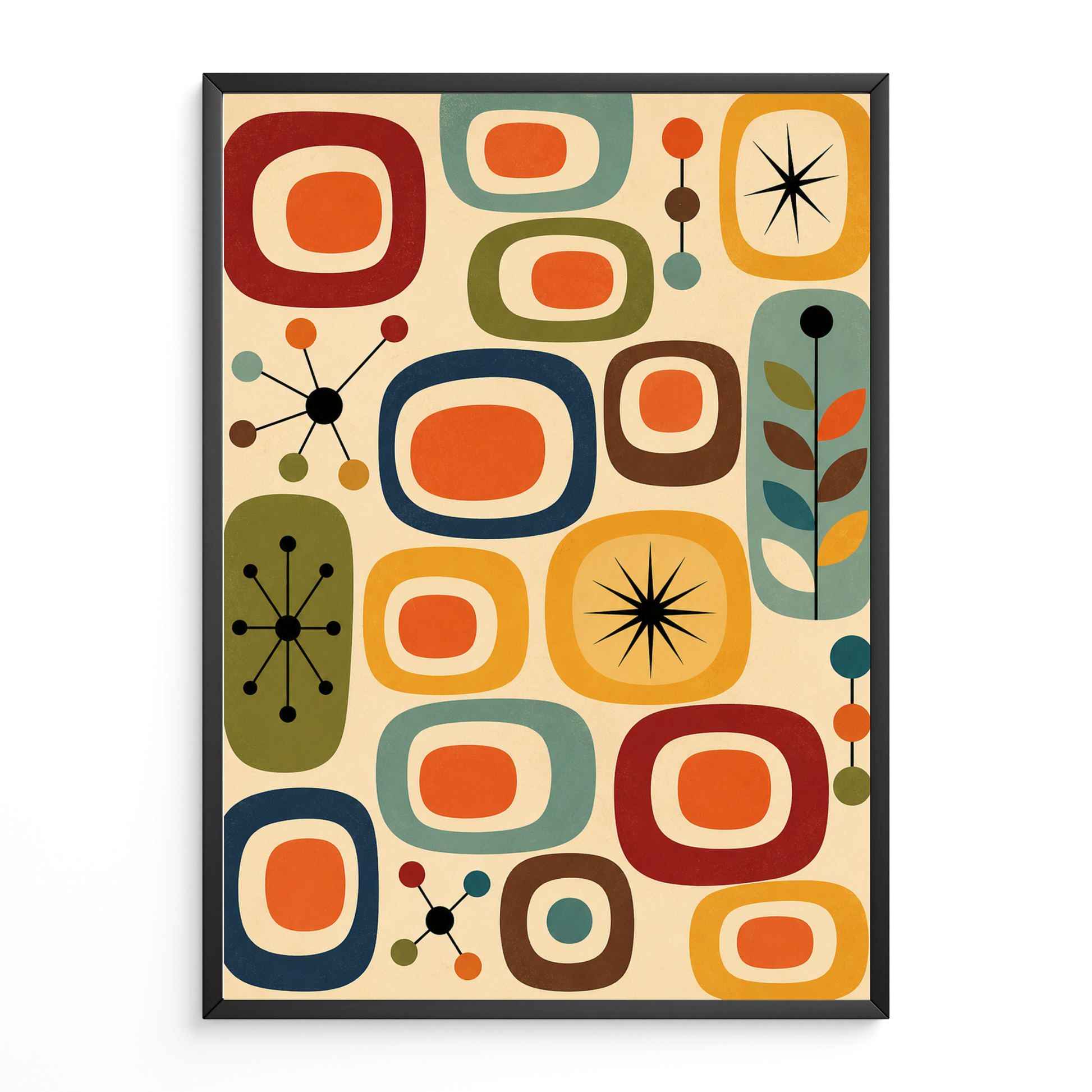 Mid Century Atomic Retro Print with a retro-style pattern featuring geometric shapes and starburst designs on a beige background Colorful abstract patterned poster with geometric shapes on a beige background