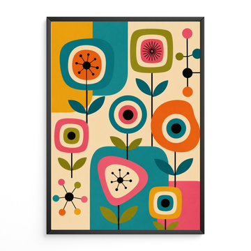 Vintage mid century modern art print featuring abstract geometric flowers and atomic starburst motifs with stylized stems and leaves. The retro design uses flat color-blocked panels in turquoise teal, vibrant orange, hot pink, olive green, mustard yellow, and cream.