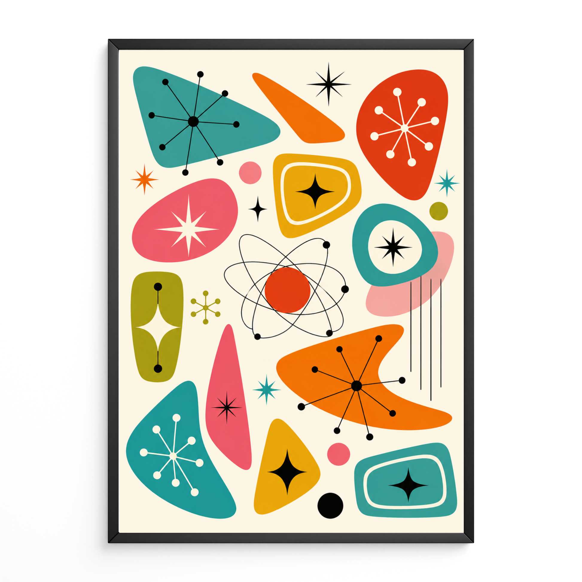 Vintage 1950s atomic age graphic art print featuring an abstract pattern of retro boomerang shapes, kidney beans, starbursts, sparkles, and a central atom symbol with orbits. The design uses teal, orange, pink, yellow, and olive green on a cream backgroun