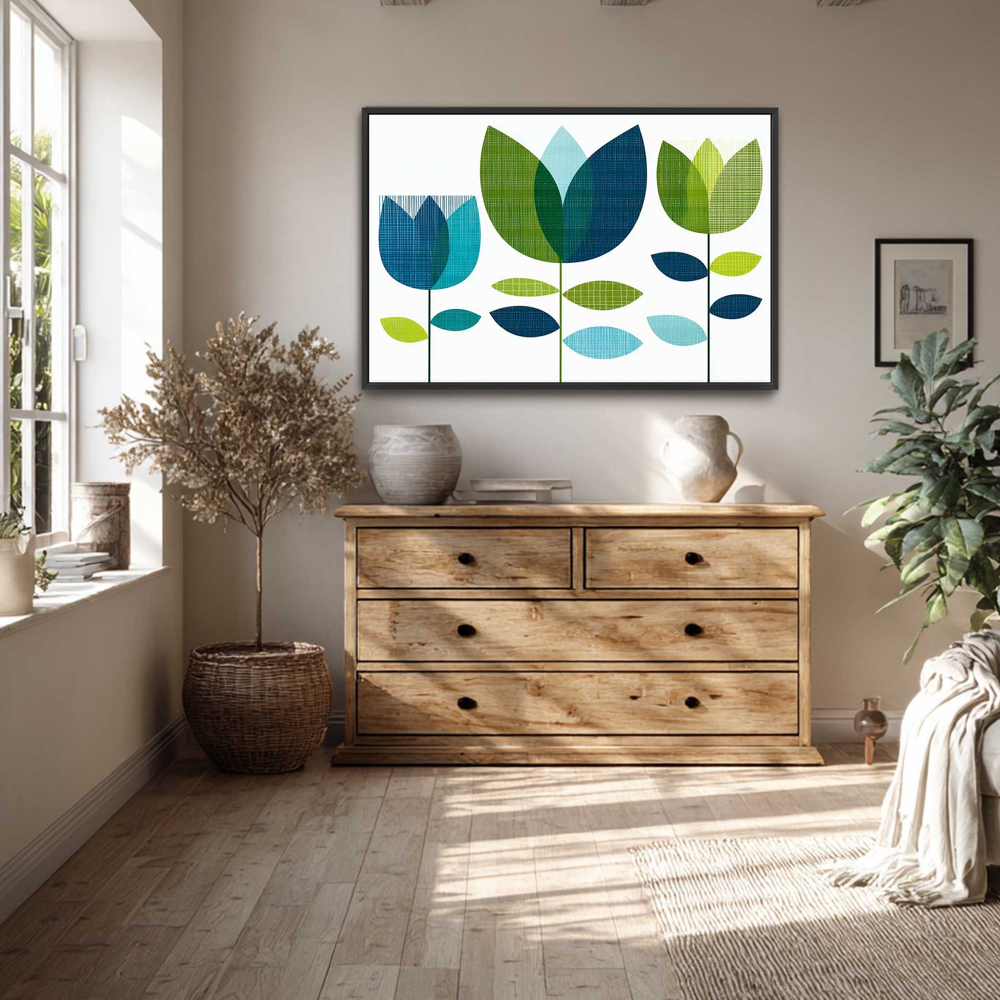 Mid Century Print Blue Green Tulip  Landscape Poster. Available as premium wall art and framed prints.