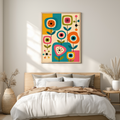 Vintage mid century modern art print featuring abstract geometric flowers and atomic starburst motifs with stylized stems and leaves. The retro design uses flat color-blocked panels in turquoise teal, vibrant orange, hot pink, olive green, mustard yellow, and cream.