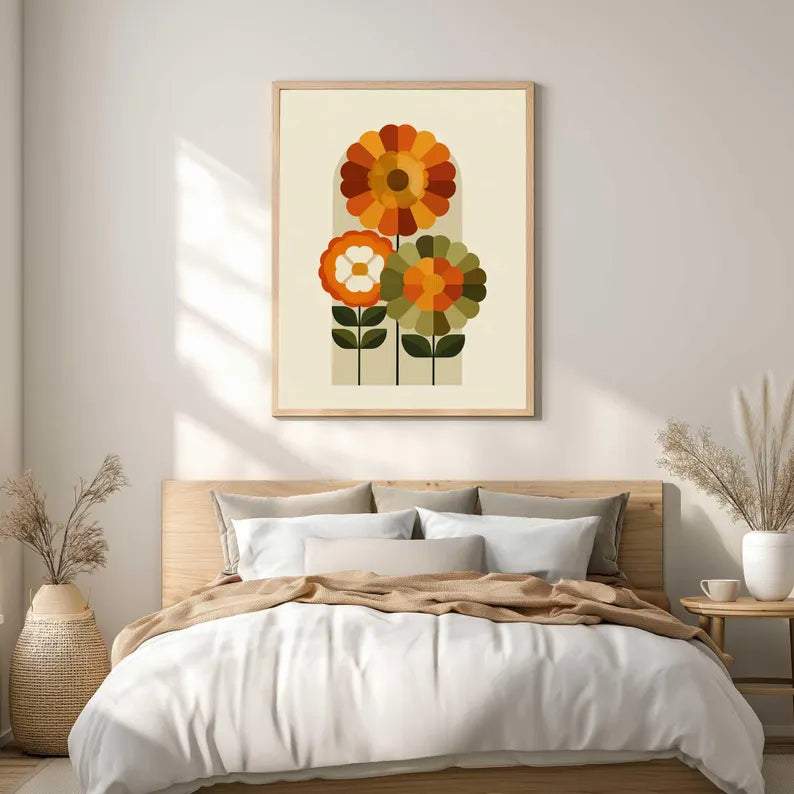 Mid Century Print Orange Green Floral Art