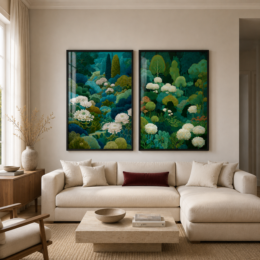 
Green botanical wall art set of 2 with white flowers and lush garden foliage
