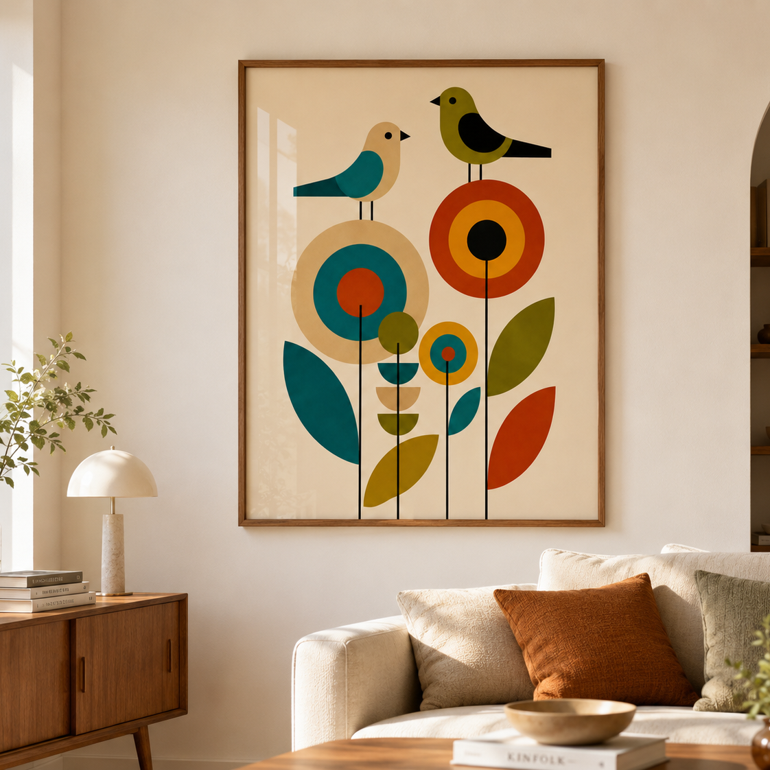 Mid-century modern art print featuring three stylized birds perched on geometric blocks above retro 70s folk flowers in warm shades of orange, yellow, teal, and olive green.