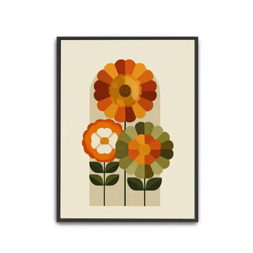 Mid Century Print Orange Green Floral Art