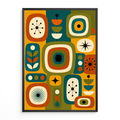 Mid Century Atomic Design Print with a pattern featuring geometric shapes leaf patterns and starburst designs in burnt orange and forest green on a colour blocked background.
