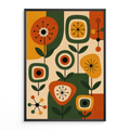 Mid Century Atomic Decor Print with starburst floral pattern designs in burnt orange, forest green, mustard yellow and beige colour blocked background.