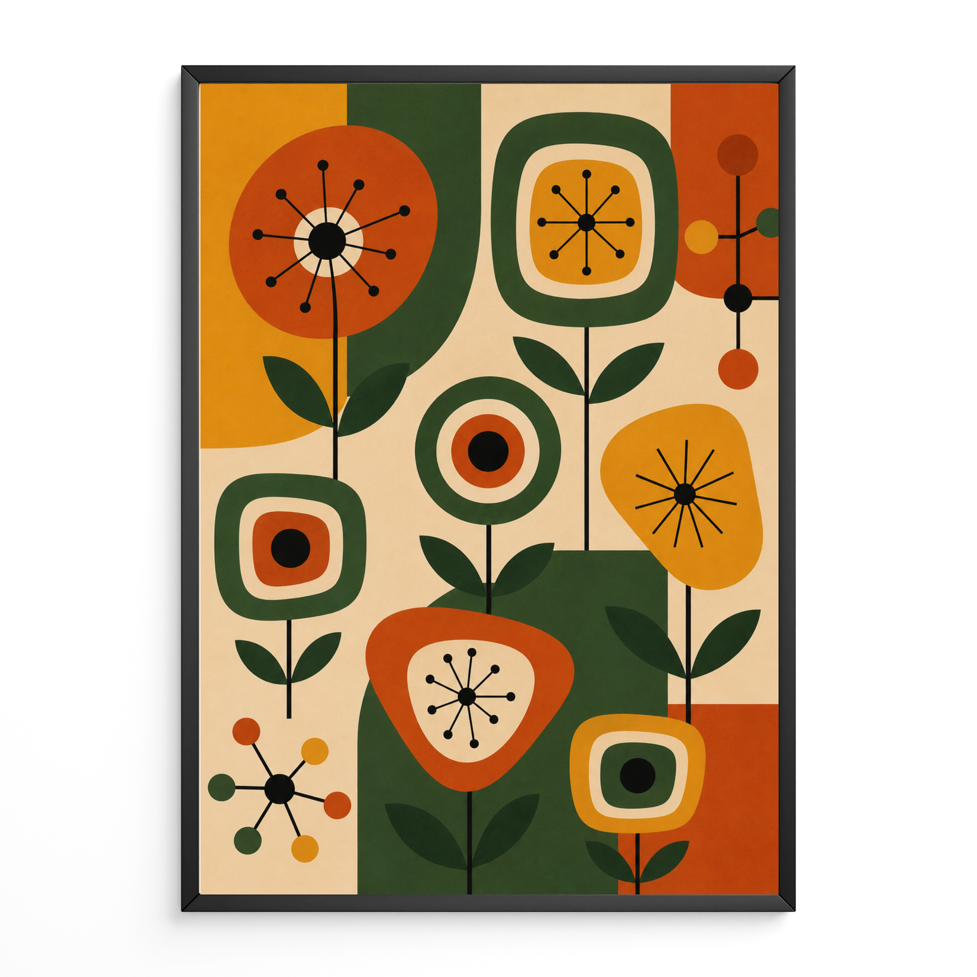 Mid Century Atomic Decor Print with starburst floral pattern designs in burnt orange, forest green, mustard yellow and beige colour blocked background.