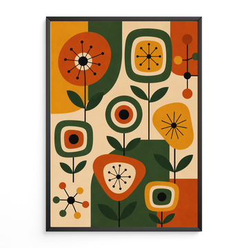 Mid Century Atomic Decor Print with starburst floral pattern designs in burnt orange, forest green, mustard yellow and beige colour blocked background.