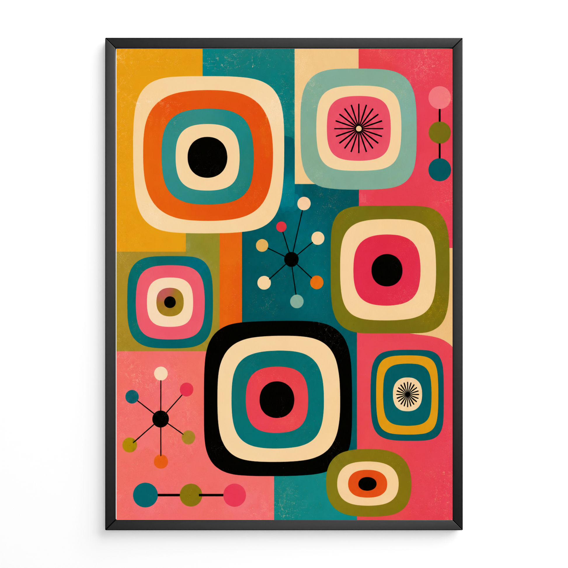 Mid century modern atomic age graphic wall art print featuring retro television shapes, starburst motifs, and geometric lines. The color palette features vibrant pink, turquoise teal, bright orange, olive green, mustard yellow, and black.