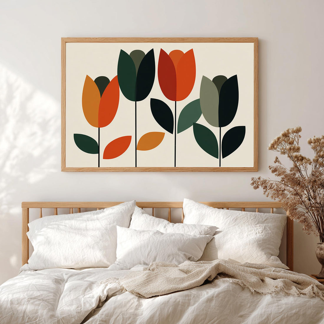  Scandinavian folk art geometric tulips wall art flat design 70s mod graphic illustration olive green burnt orange cream backdrop minimal home styling.