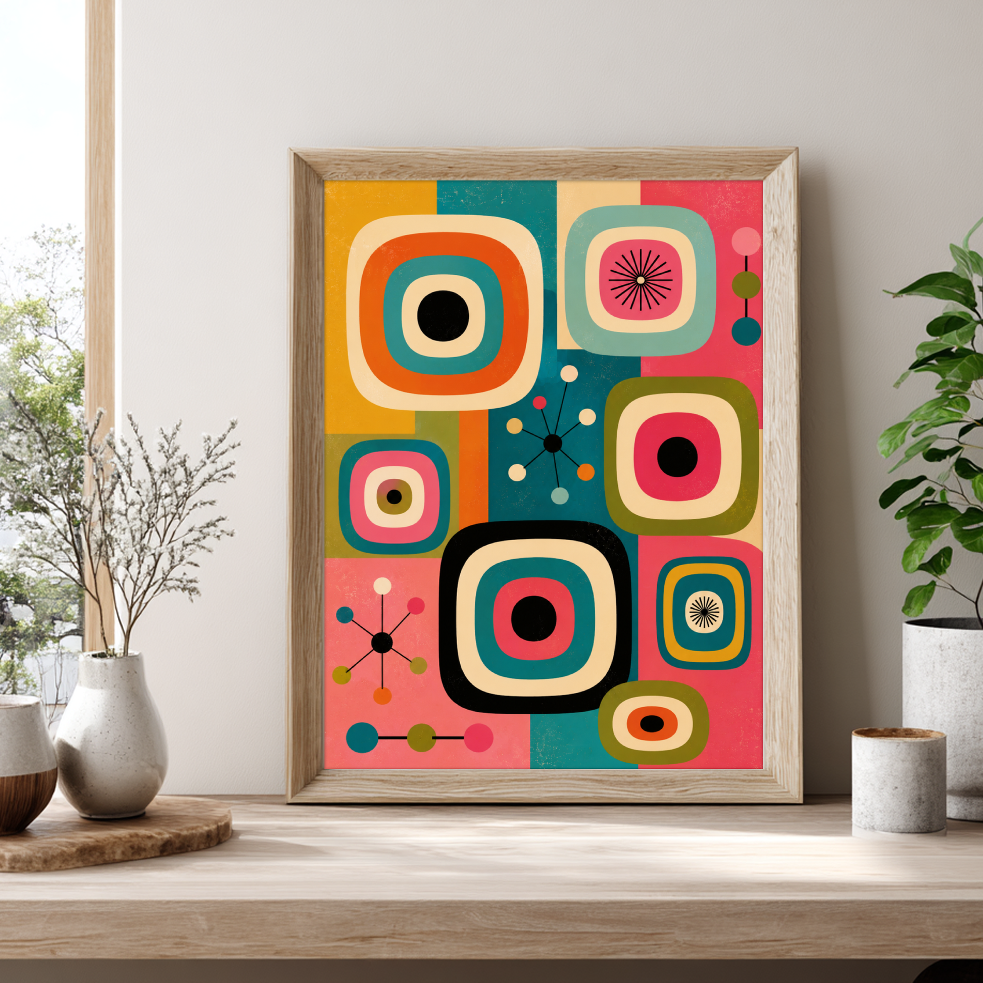 Mid century modern atomic age graphic wall art print featuring retro television shapes, starburst motifs, and geometric lines. The color palette features vibrant pink, turquoise teal, bright orange, olive green, mustard yellow, and black.