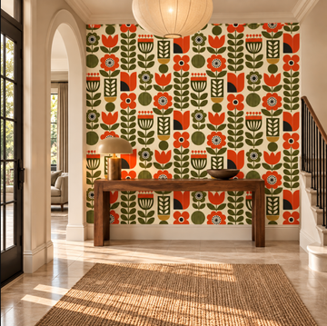 Mid Century Wall Paper - Orange & Green Retro Design. Retro Mid Century Wall Paper Seamless Floral PatternTransform your space with the timeless charm of Mid Century wallpaper, Vibrant Burnt Orange and Forest Green Abstract Pattern.