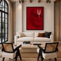 Framed crimson red Lord Hanuman canvas wall art, minimalist line art print for modern spiritual living spaces and yoga studios