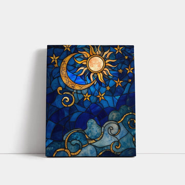 sun moon stars stain glass look celestial canvas print