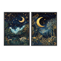 moon print night sky whimsical night sky with a crescent moon, stars, clouds, and glowing trees in deep blue, navy, gold, colours