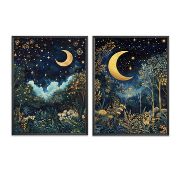 moon print night sky whimsical night sky with a crescent moon, stars, clouds, and glowing trees in deep blue, navy, gold, colours