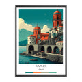 Framed artwork of a coastal scene with buildings and a body of water, labeled 'Naples, Italy'.