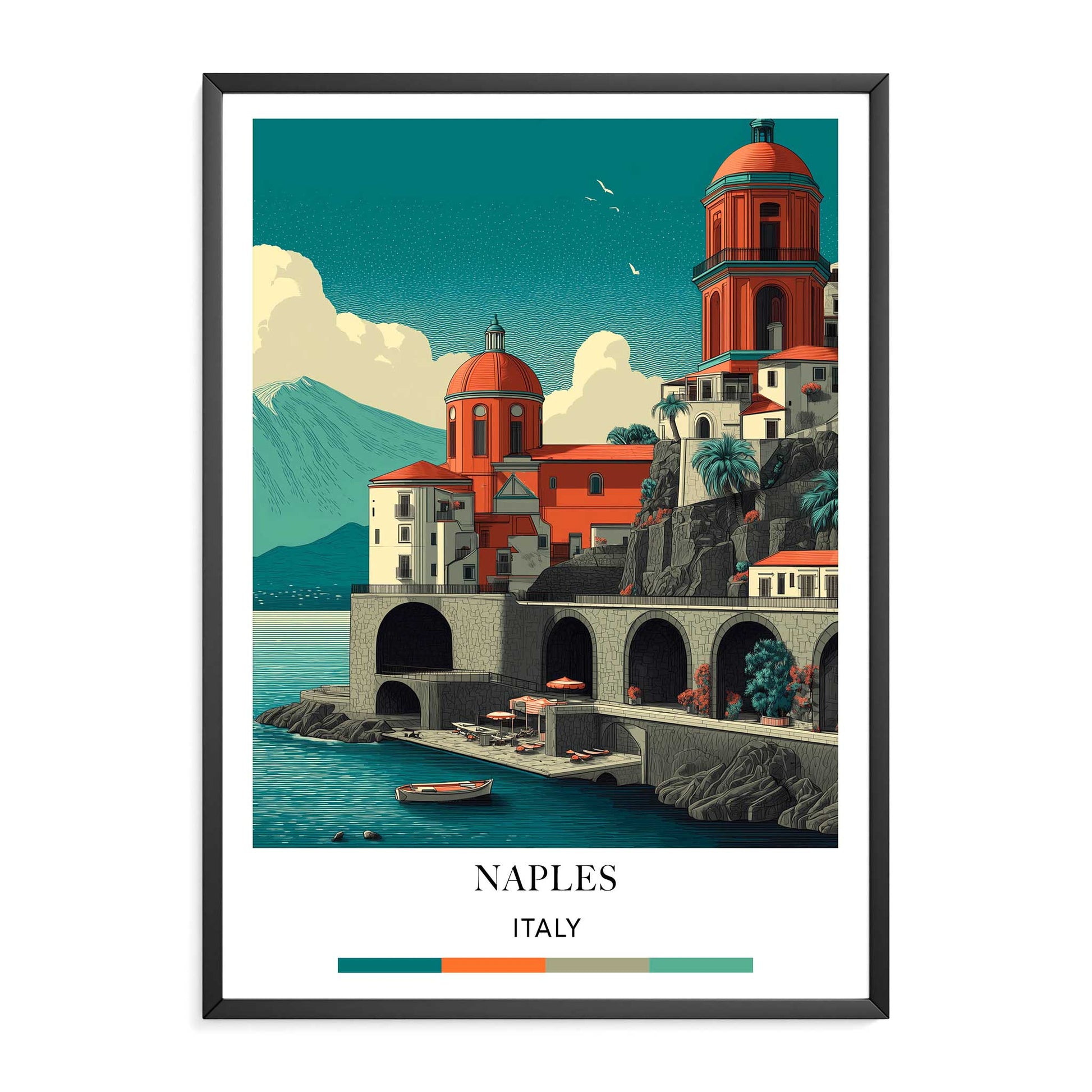 Framed artwork of a coastal scene with buildings and a body of water, labeled 'Naples, Italy'.