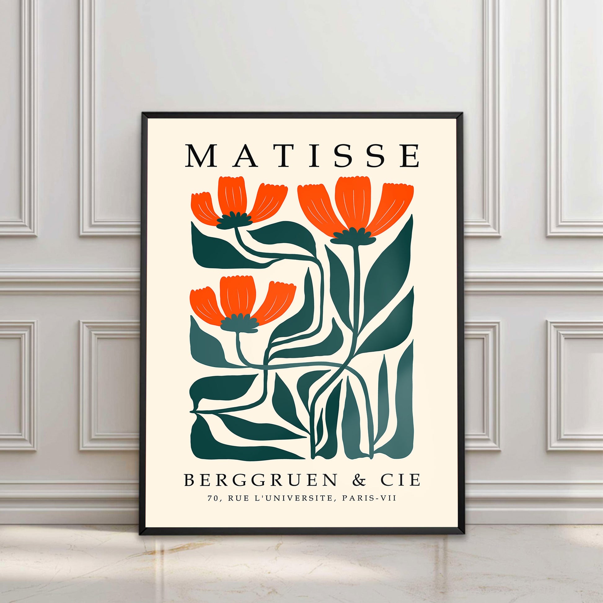 Matisse orange flower print with orange flowers and green leaves. Henri Matisse print, botanical wall art, floral wall art, flower wall art, Matisse poster, botanical print and mid century wall art