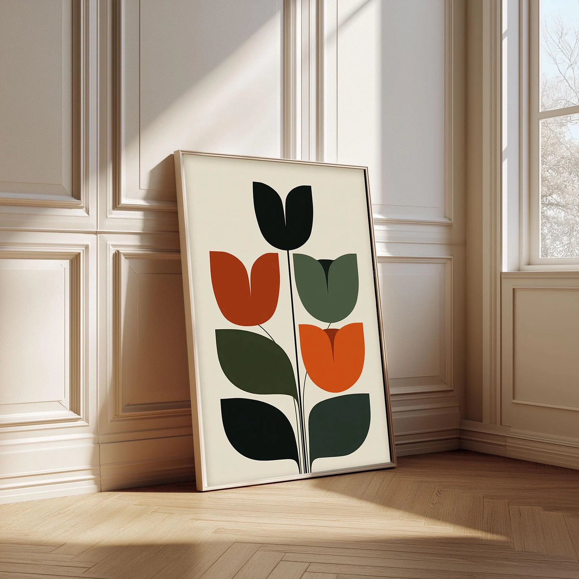 
Retro mid century botanical tulip stem art minimalist abstract geometric flower shapes burnt orange olive green terracotta black graphic leaves cream poster and Framed artwork with stylized tulips on a wall in a room with wooden flooring and large windows.