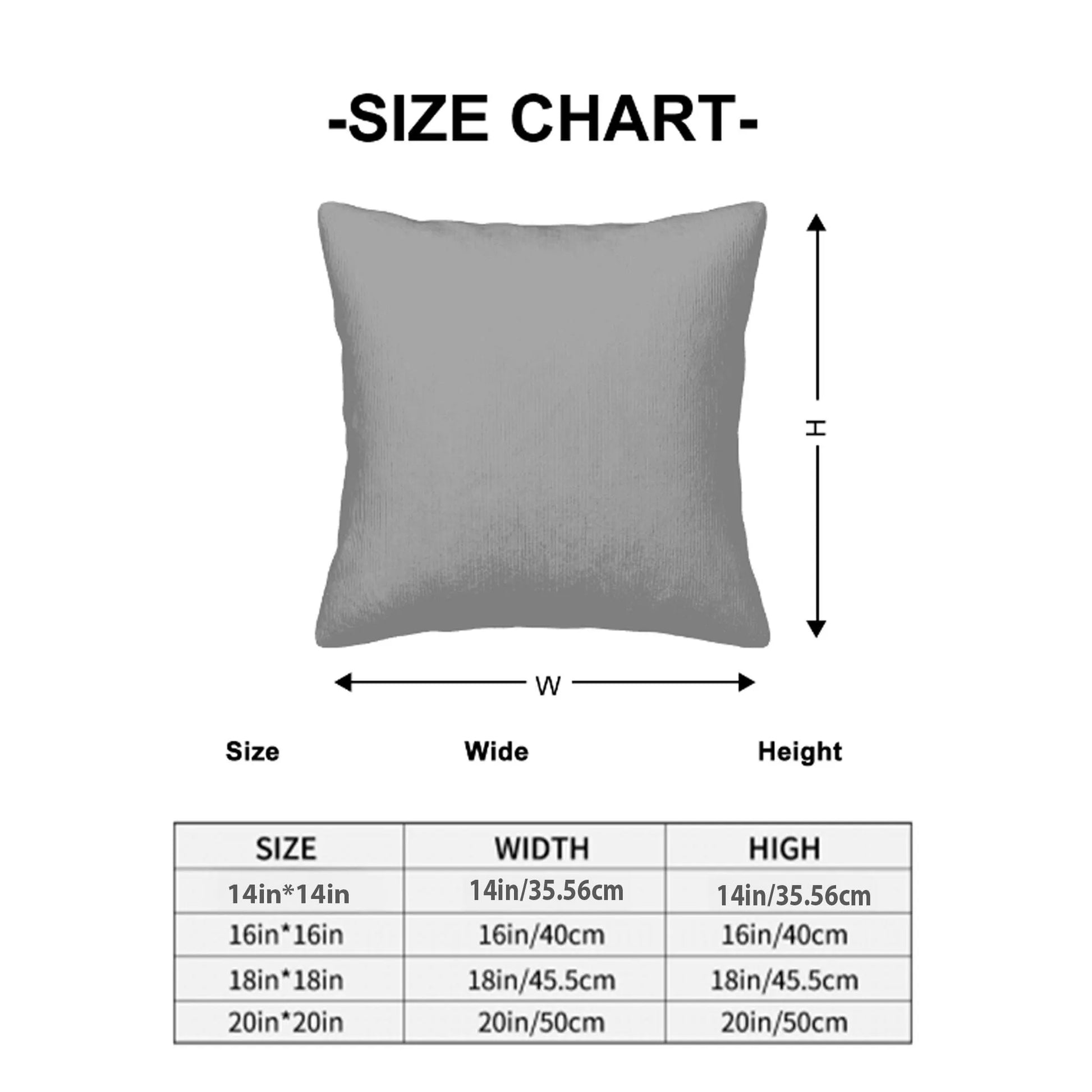 Gray pillow with size chart showing dimensions on a white background
