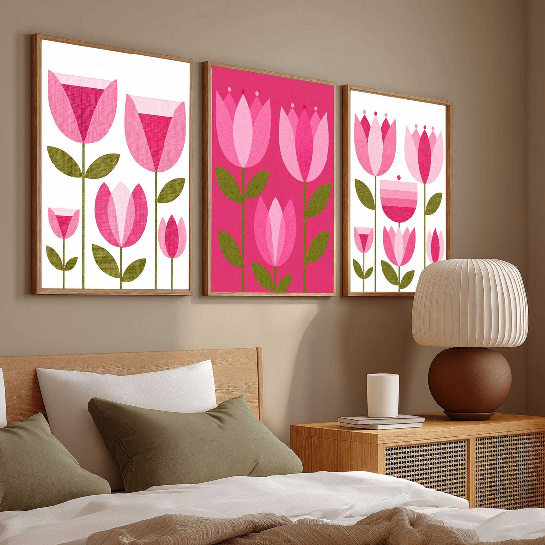 Pink mid century modern wall art set of 3 with retro geometric tulip flowers in hot pink, blush pink and olive green