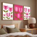 Pink mid century modern wall art set of 3 with retro geometric tulip flowers in hot pink, blush pink and olive green
