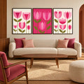 Pink mid century modern wall art set of 3 with retro geometric tulip flowers in hot pink, blush pink and olive green
